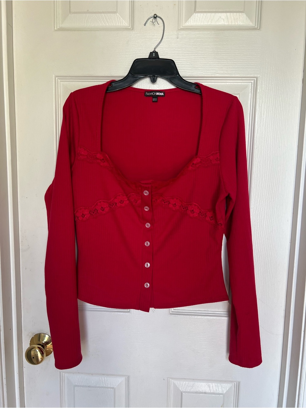 Red Lace-Trim Button Top